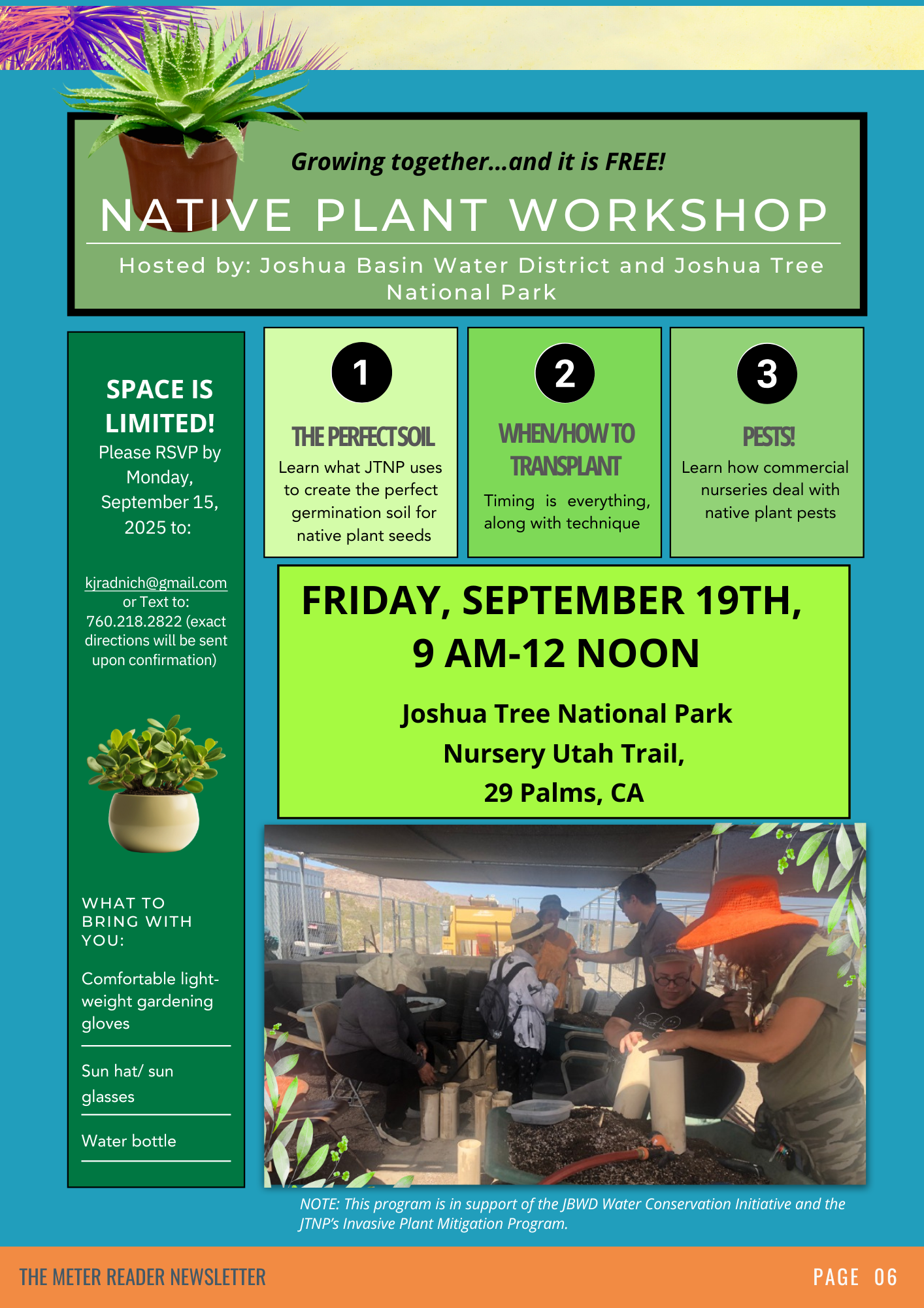 Flyer for a free Native Plant Workshop at Joshua Tree on September 19th, covering soil, transplanting, and pest management.