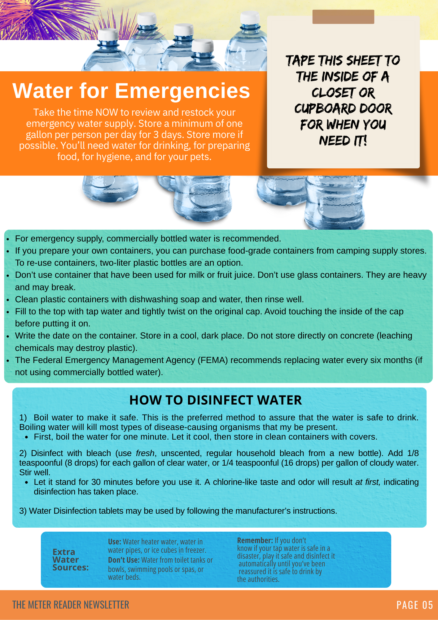 Emergency water storage and disinfecting tips, including using bottled water, cleaning containers, and disinfection methods.