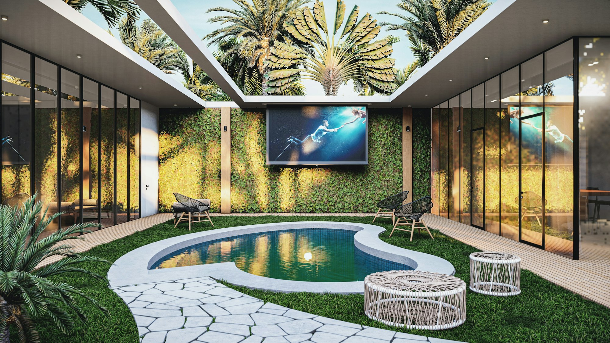 A modern outdoor space featuring a pool, seating, greenery, and a large screen, surrounded by palms and natural light.