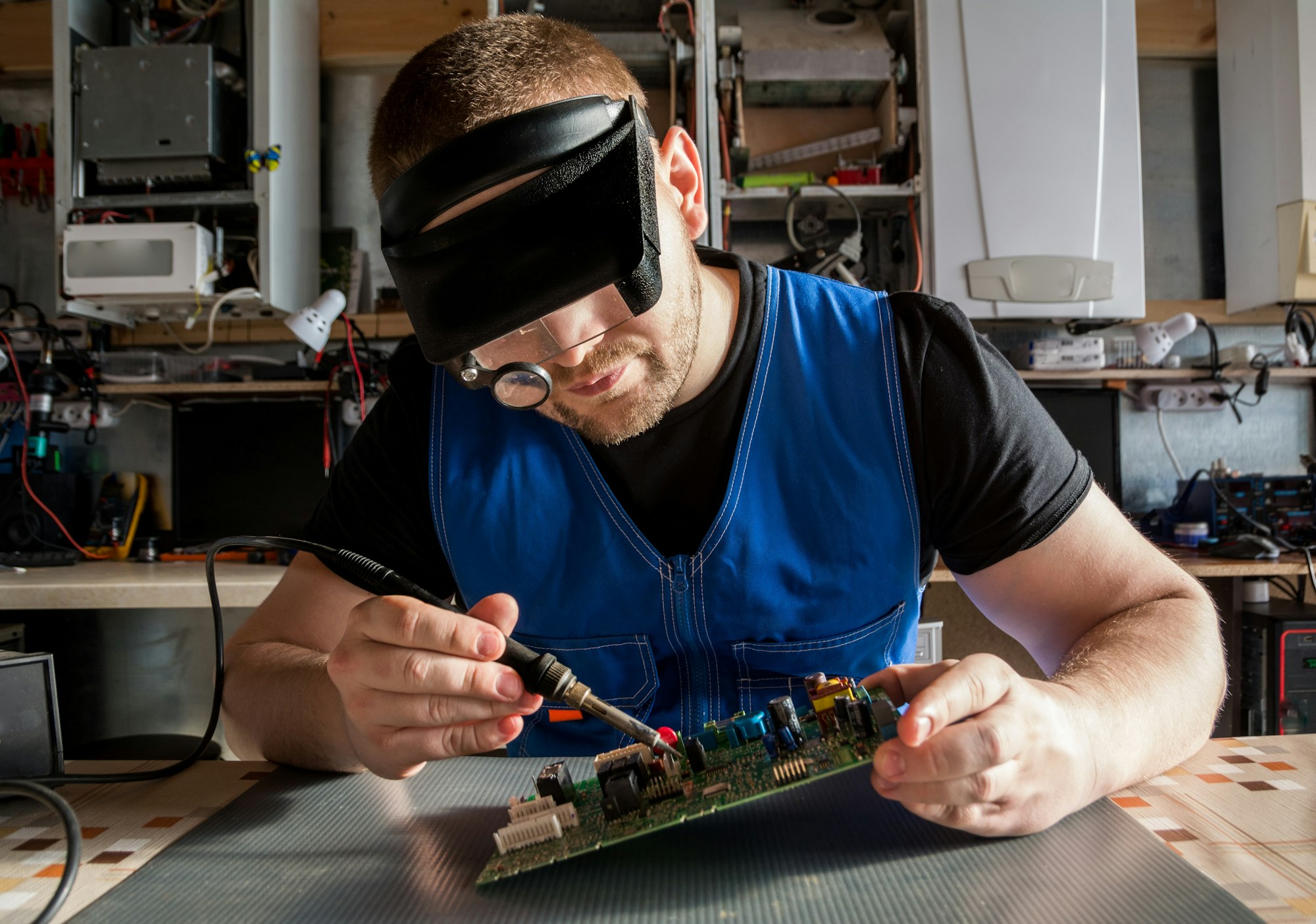 A person uses a soldering iron on a circuit board, wearing magnifying glasses, in a workshop filled with electronic equipment.