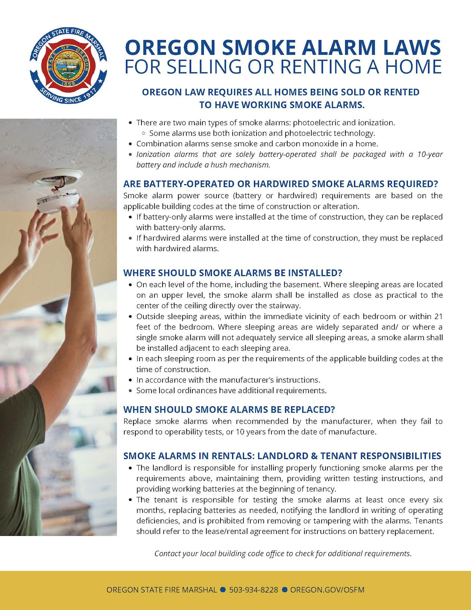 Oregon smoke alarm laws for home sales/rentals require working alarms, specify types and installation, and highlight landlord/tenant duties.