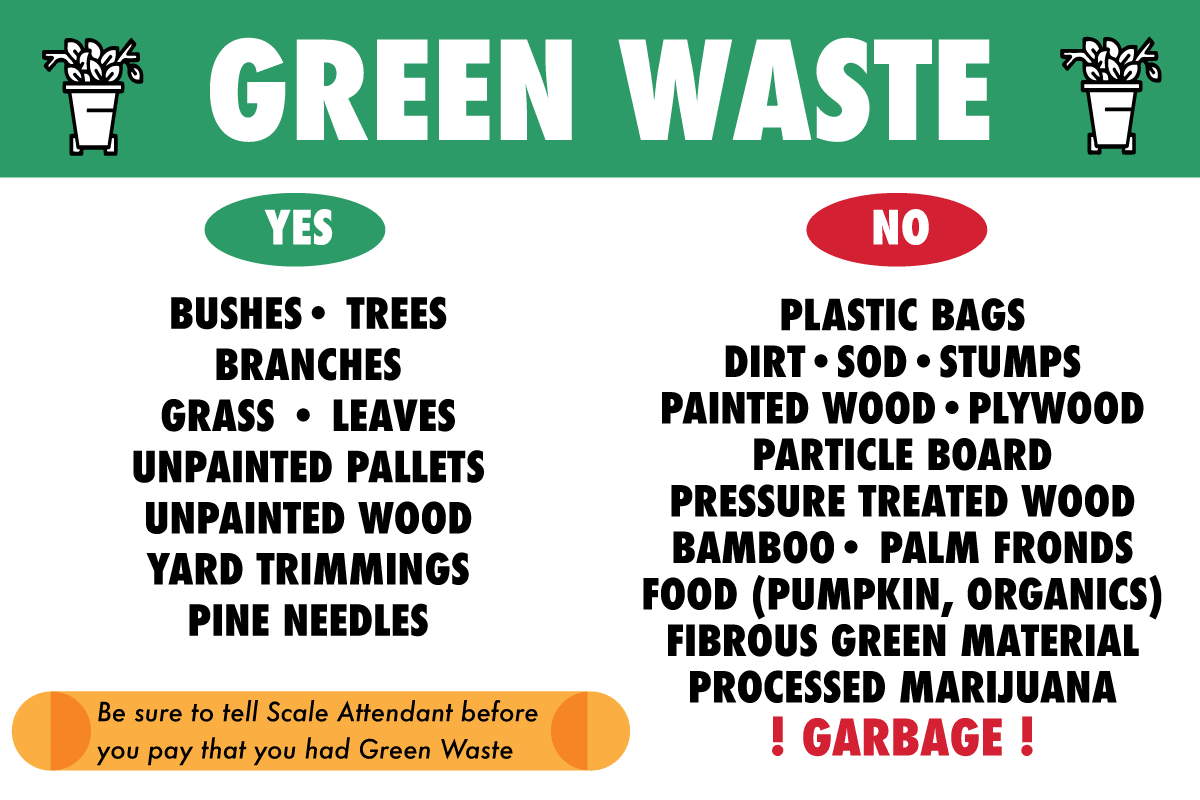 Green waste infographic showing acceptable and unacceptable items, with a note to inform the Scale Attendant about green waste.