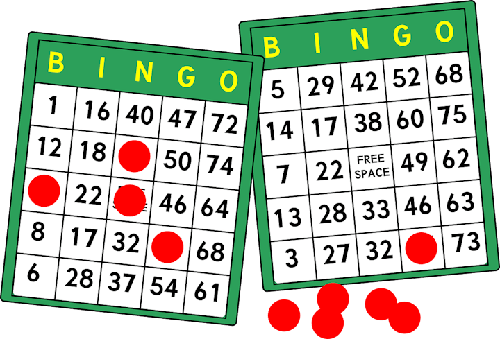 Two bingo cards with red markers on numbers, indicating a game in progress.