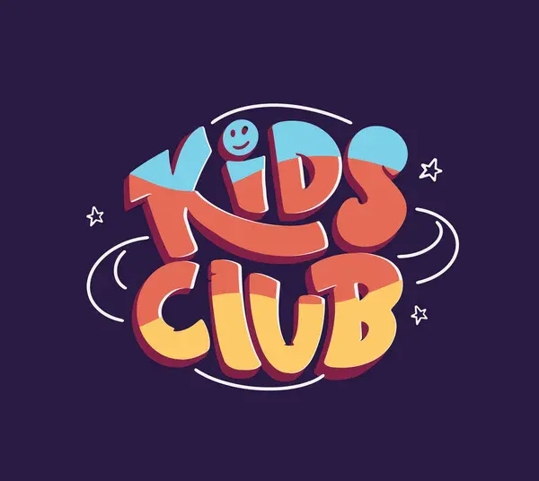 A colorful "Kids Club" logo with a playful font, featuring a smiley and stars on a dark purple background.