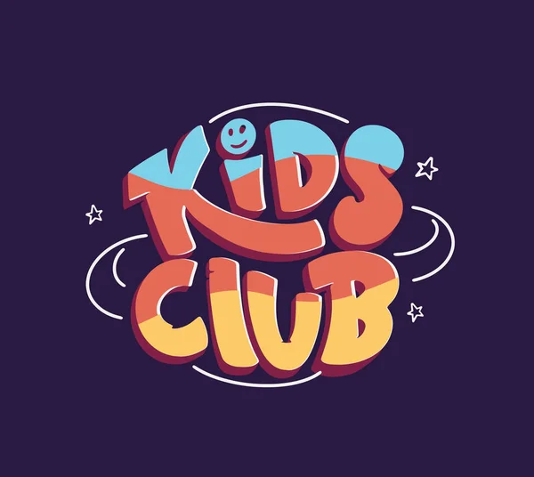 A colorful "Kids Club" logo with a playful font, featuring a smiley and stars on a dark purple background.
