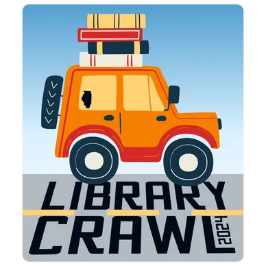 Stylized orange SUV with luggage on top and "Library Crawl 2022" text below.