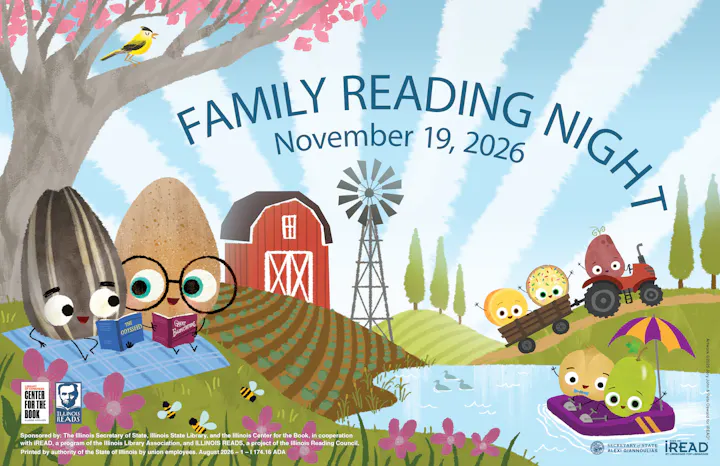 A colorful illustration promoting Family Reading Night on November 19, 2026, featuring animated fruits and a farm setting.