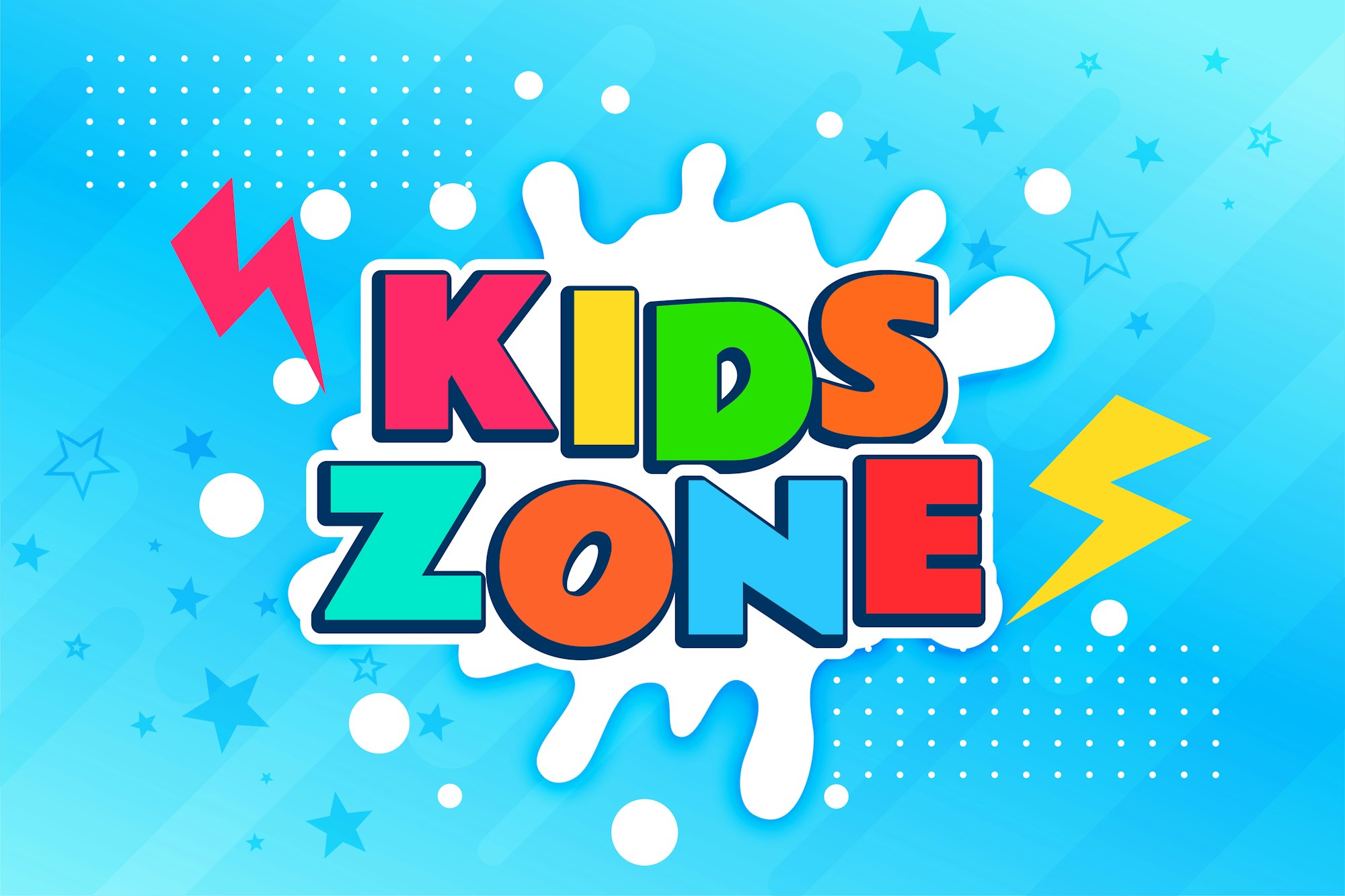 Colorful "KIDS ZONE" text with playful background, stars, bolt, and splat designs — likely for a children's area or content.