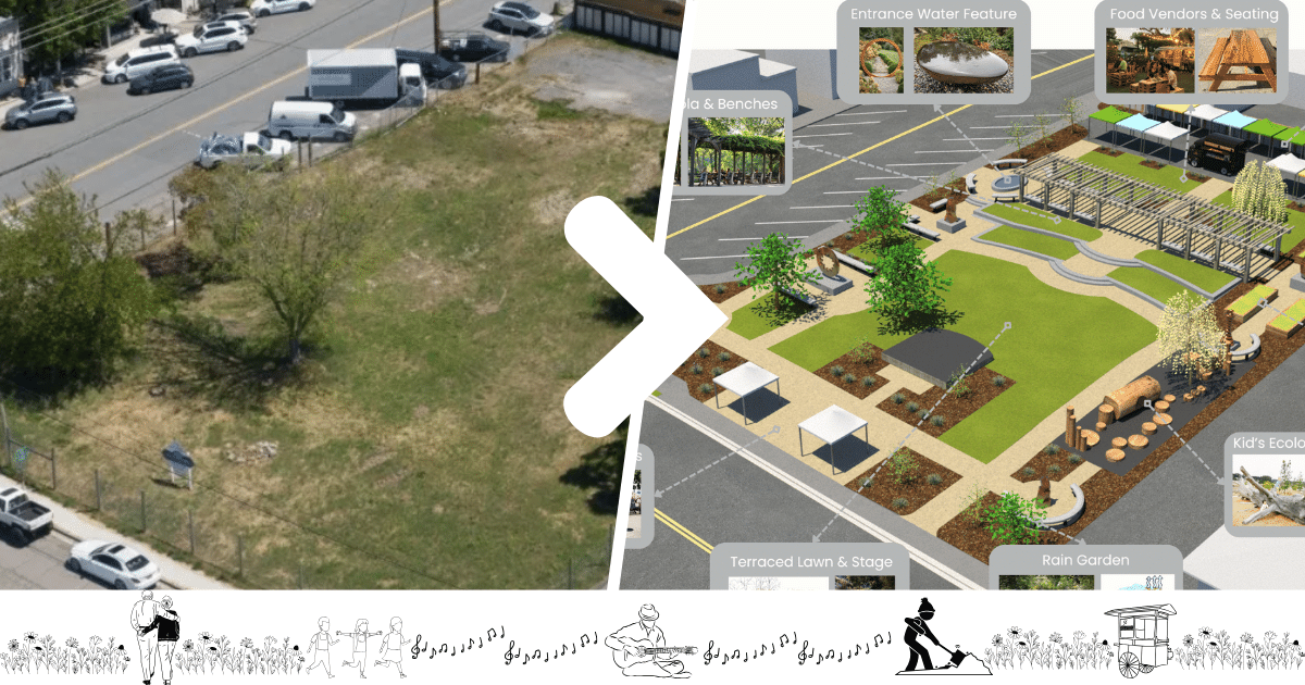 A before and after concept showing a park development plan, with illustrations of people and musical notes decorating the bottom edge.