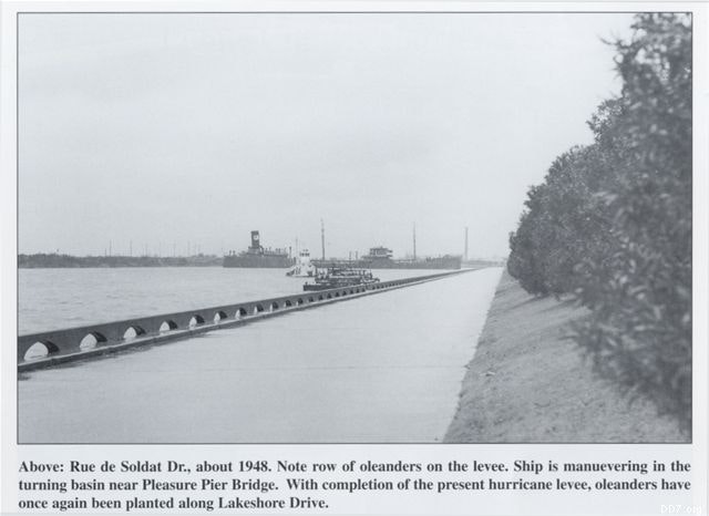 A ship maneuvers near a levee with oleander bushes, circa 1948, Rue de Soldat Dr. near Pleasure Pier Bridge.