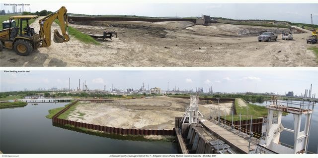 Construction site with heavy machinery and partially developed land, featuring a body of water and industrial background.