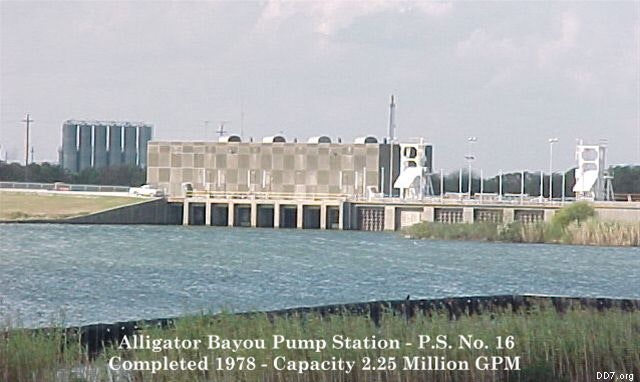 Image of Alligator Bayou Pump Station, P.S. No. 16, completed in 1978, with a capacity of 2.25 million gallons per minute.