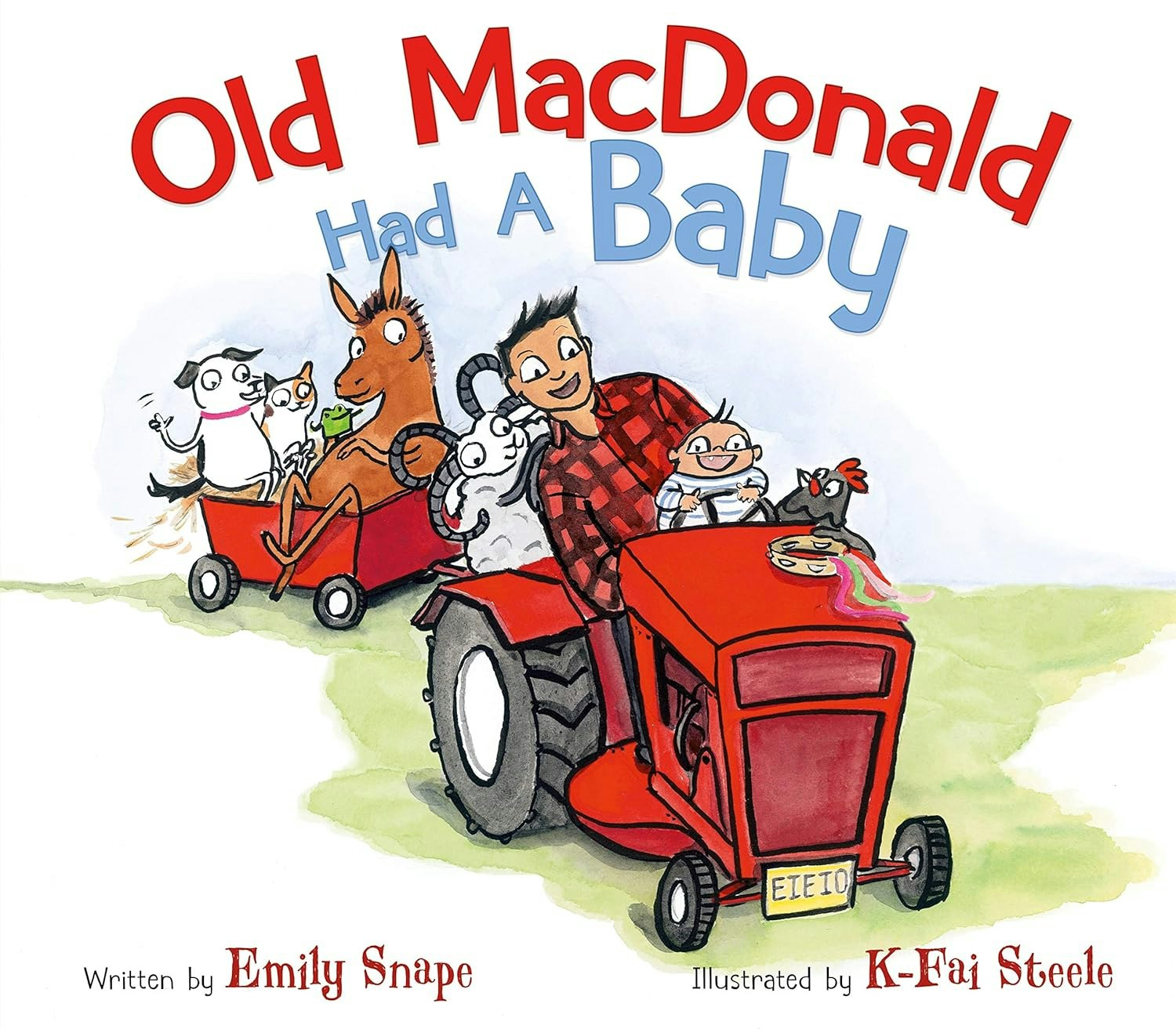 A man drives a red tractor with a baby and animals, cover text reads "Old MacDonald Had A Baby."