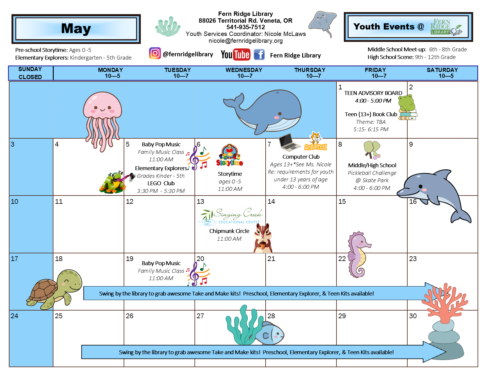 The image is a May calendar of youth events at Fern Ridge Library, featuring storytimes, music classes, LEGO club, and activities.