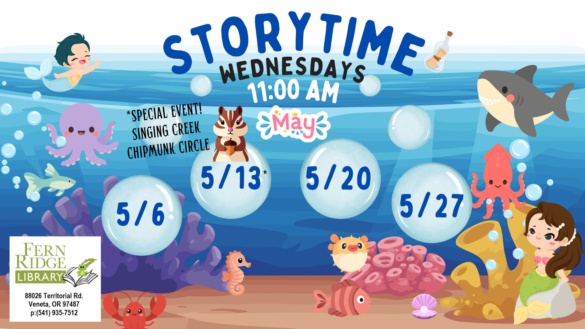 Image promotes a May Storytime event at Fern Ridge Library with dates and a special event featuring Singing Creek Chipmunk Circle.