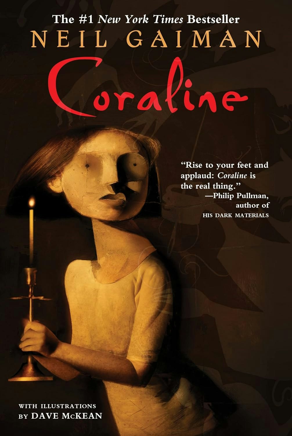 "Coraline" book cover by Neil Gaiman, illustration of a girl with a candle, quote by Philip Pullman, and art by Dave McKean.