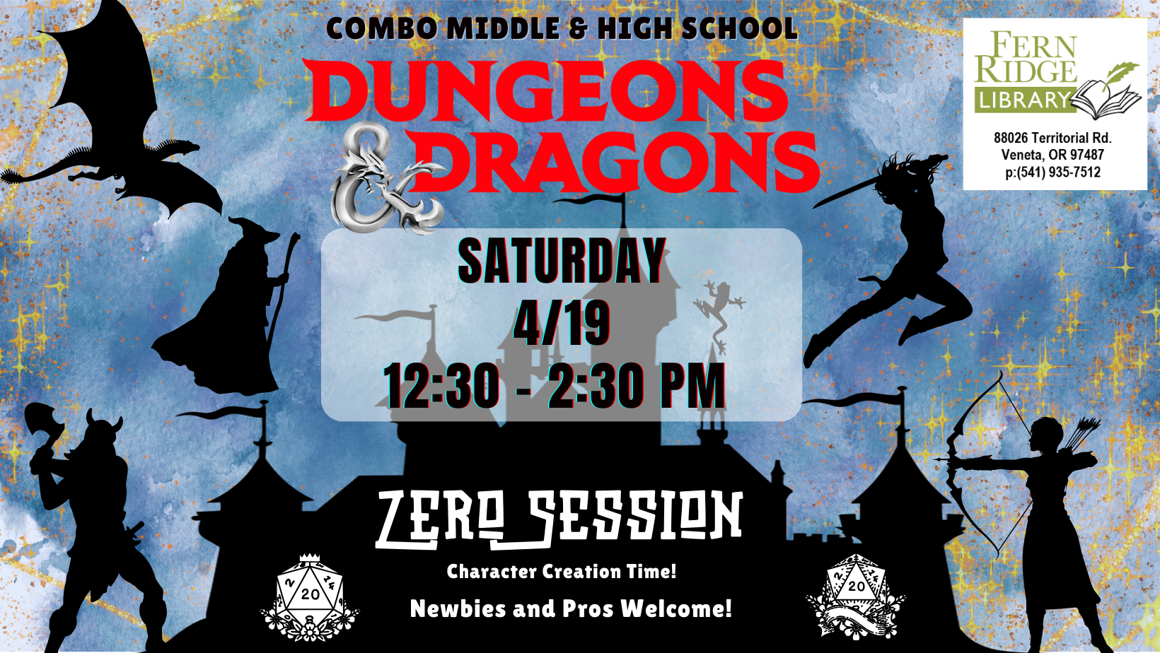 Dungeons & Dragons event for Combo Middle & High School at Fern Ridge Library, 4/19, 12:30-2:30 PM. Newbies and pros welcome.