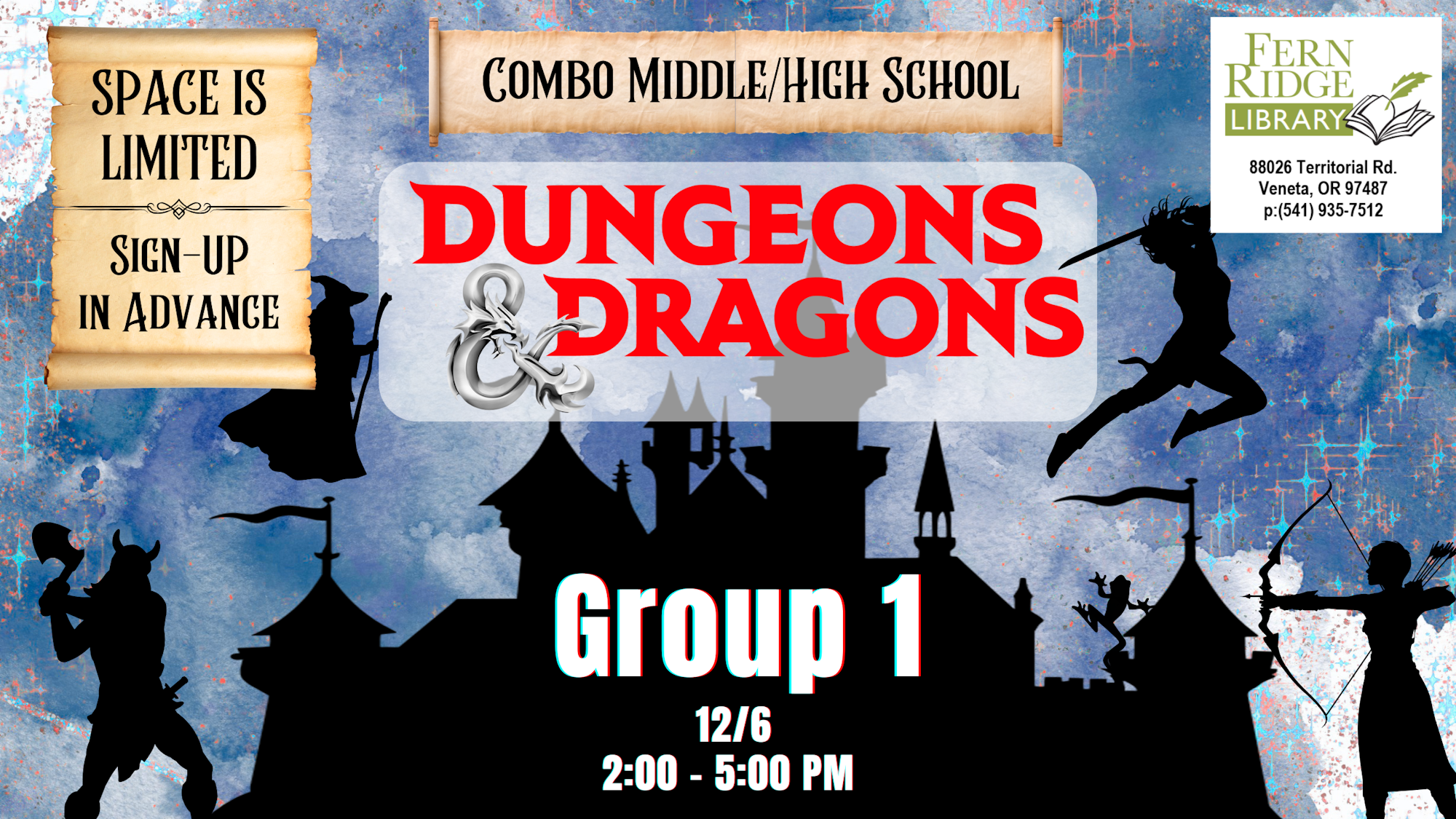 Dungeons & Dragons event at Fern Ridge Library on 12/6, from 2-5 PM. Space is limited, sign up in advance!