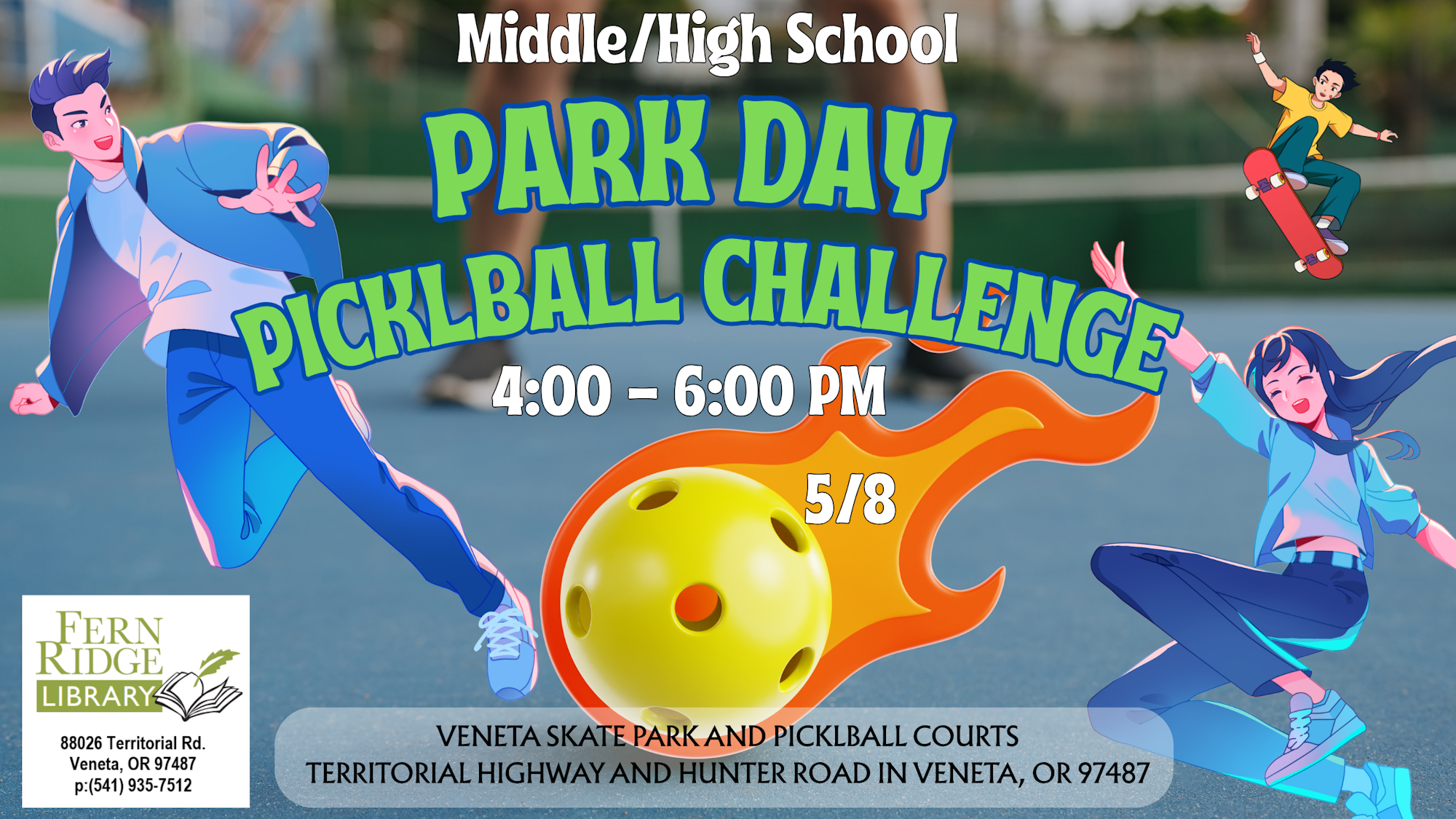 Park Day Pickleball Challenge for middle/high schoolers on 5/8 from 4-6 PM at Veneta Skate Park.