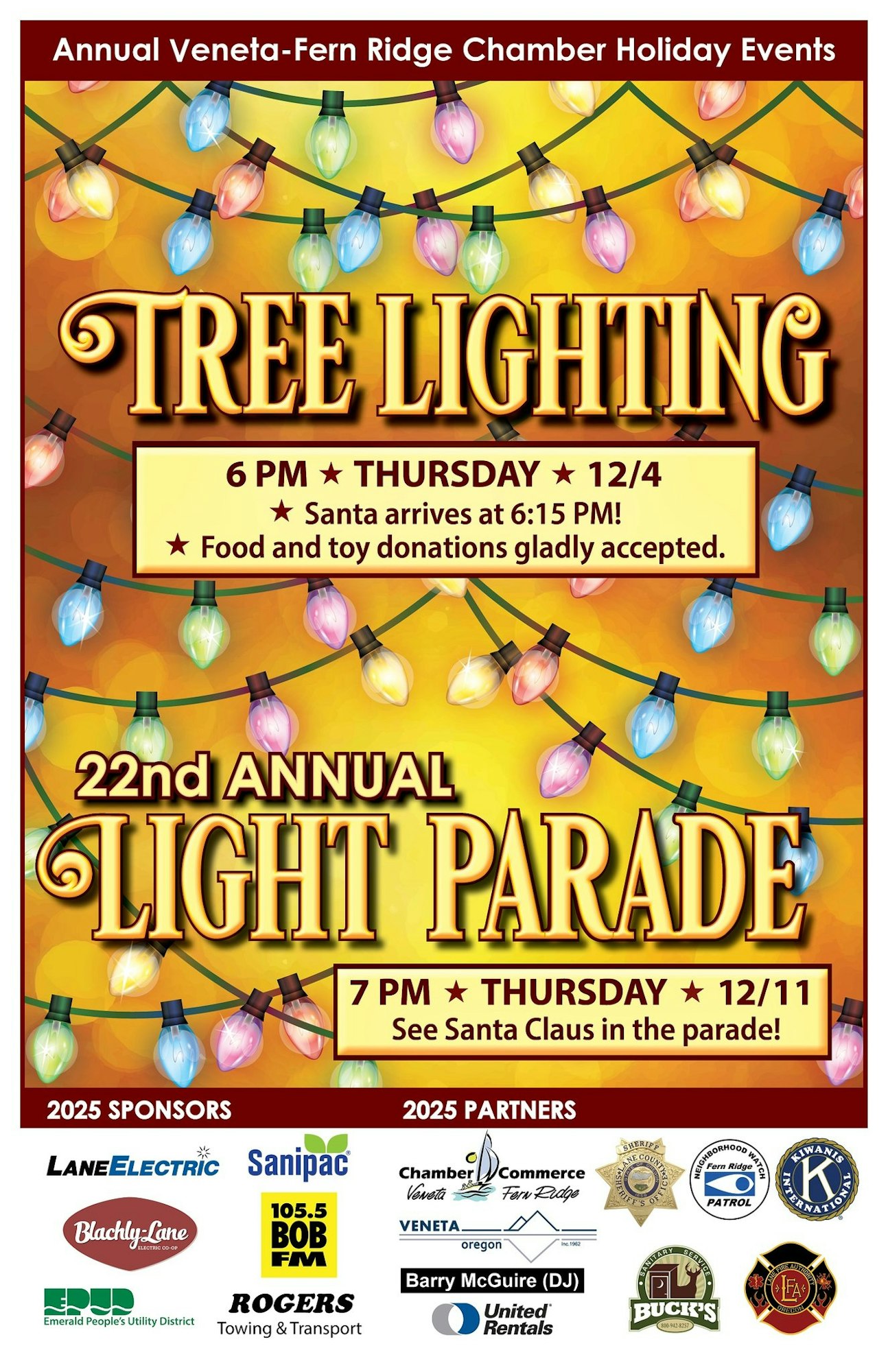 Announcement for Veneta-Fern Ridge Chamber holiday events: Tree Lighting on 12/4 at 6 PM & Light Parade on 12/11 at 7 PM.