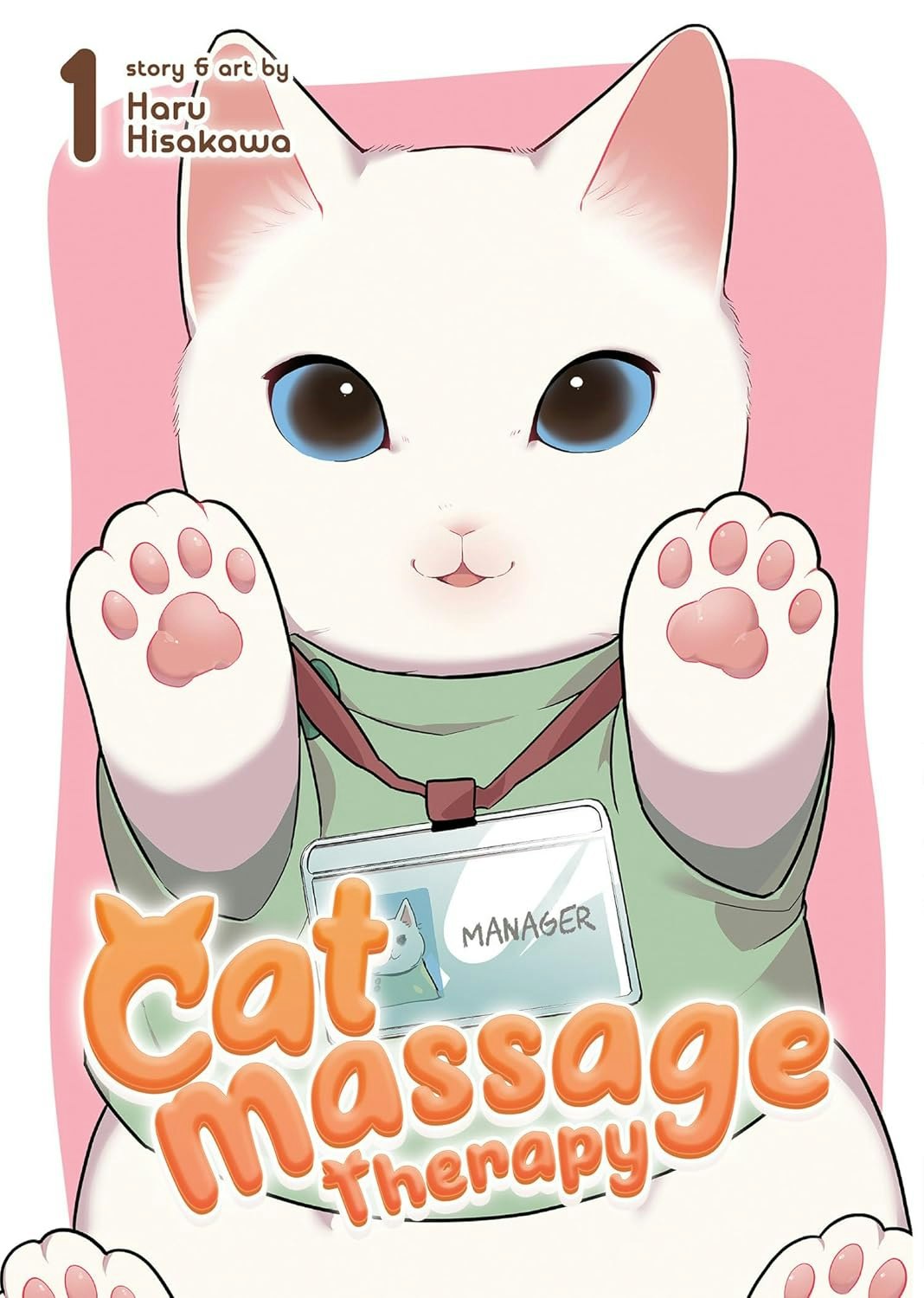 Cute white cat with blue eyes, wearing a "Manager" badge, on the cover of "Cat Massage Therapy" manga by Haru Hisakawa.