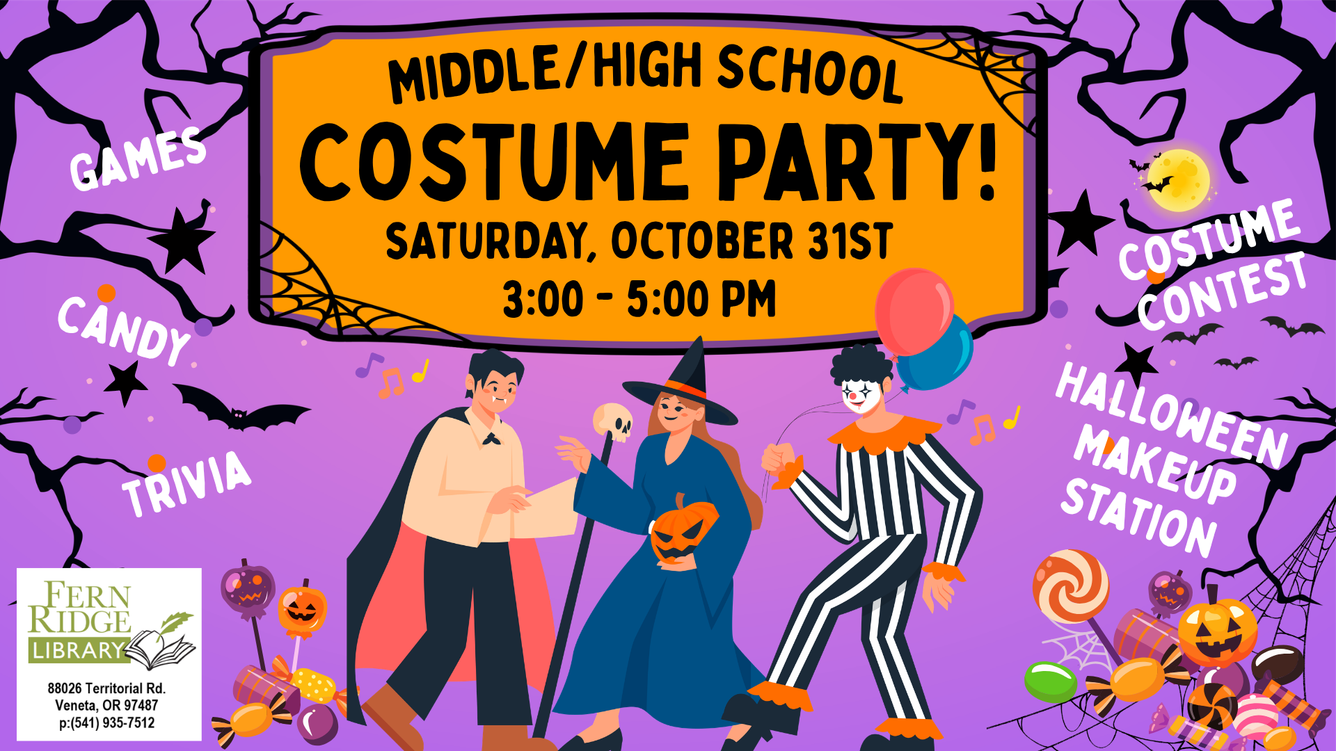 Middle/high school costume party on Oct 31, 3-5 PM at Fern Ridge Library. Enjoy games, candy, trivia, and a costume contest!