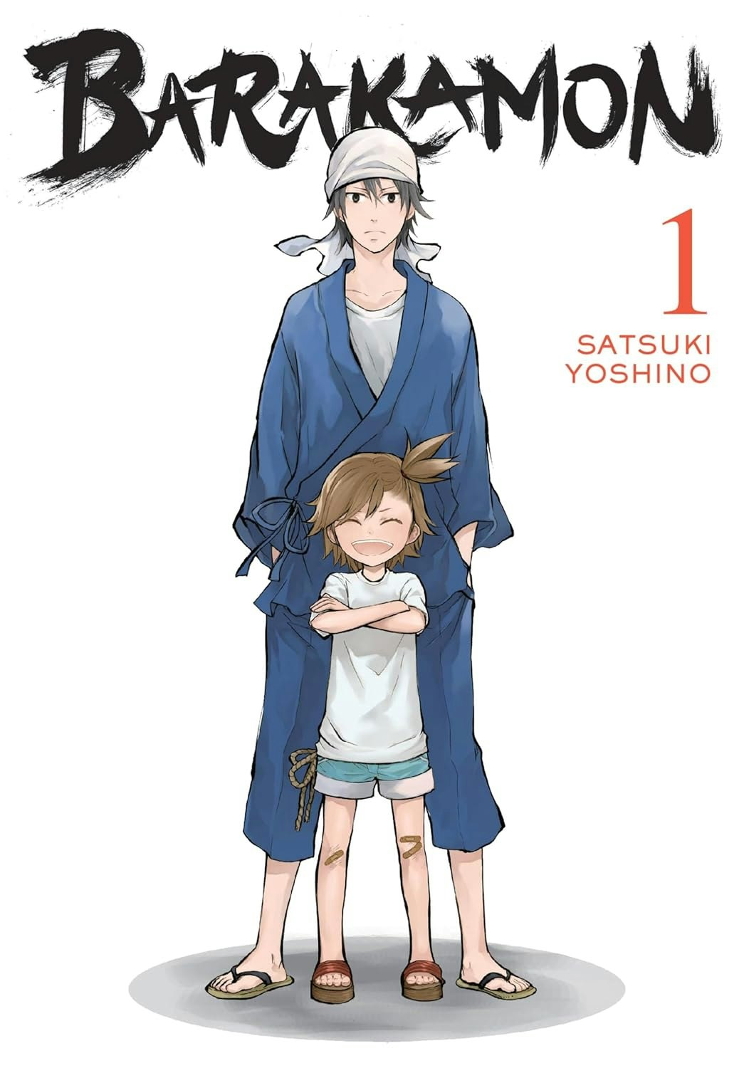 Two characters from "Barakamon" stand together, one smiling child in front of a taller person in a robe.