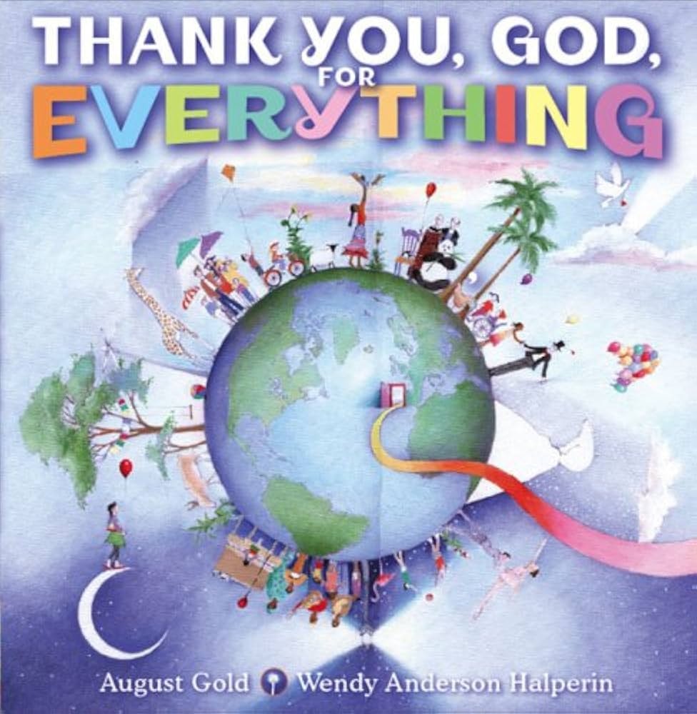 Children around a globe with "Thank You, God, for Everything" in colorful letters above.