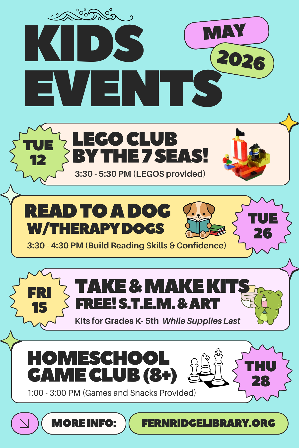 Kids' events at the library in May 2026: LEGO Club, Read to a Dog, Take & Make Kits (STEM & Art), Homeschool Game Club.