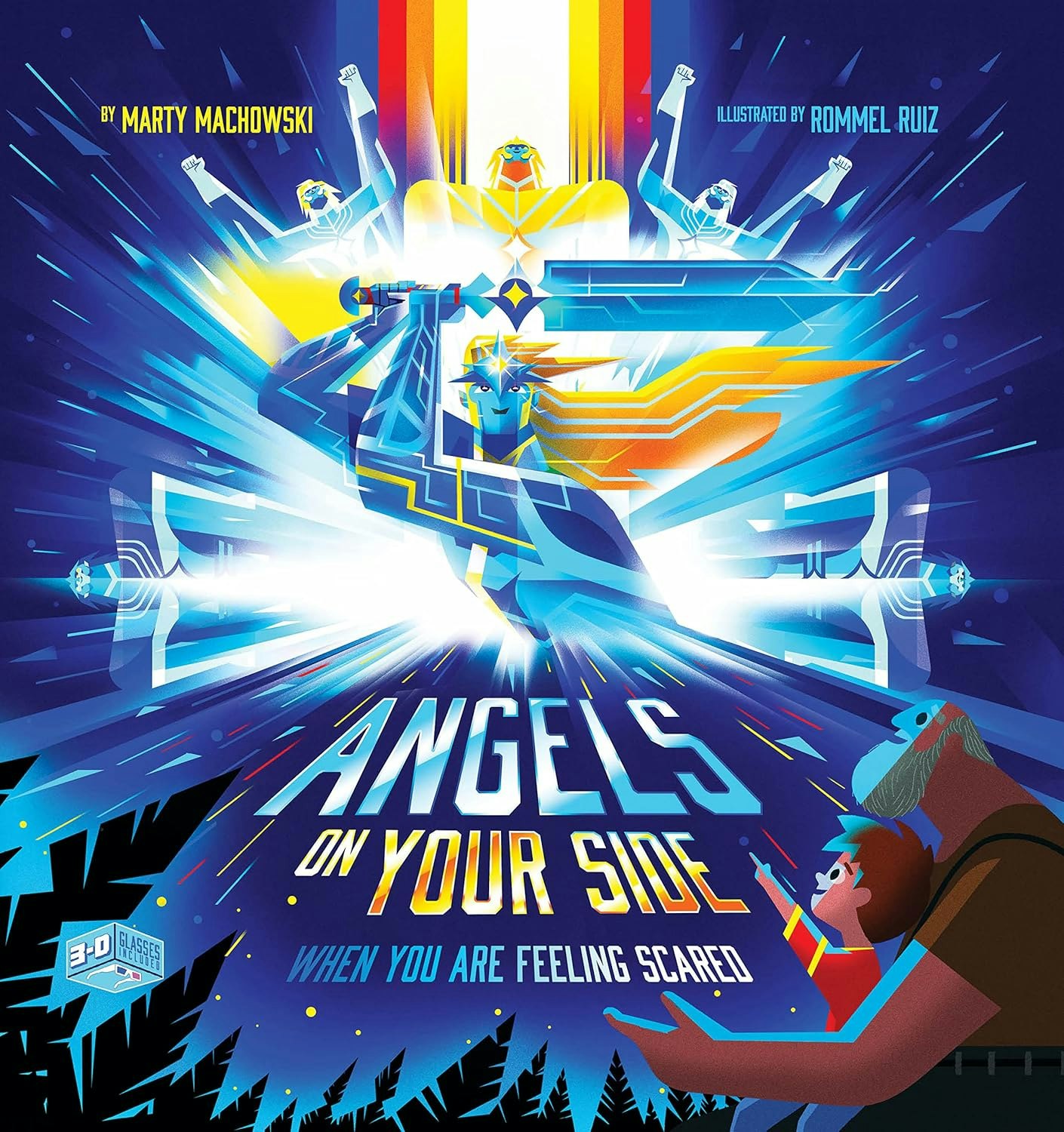 Colorful illustration showing angels with swords and a child with an adult pointing, titled "Angels on Your Side."