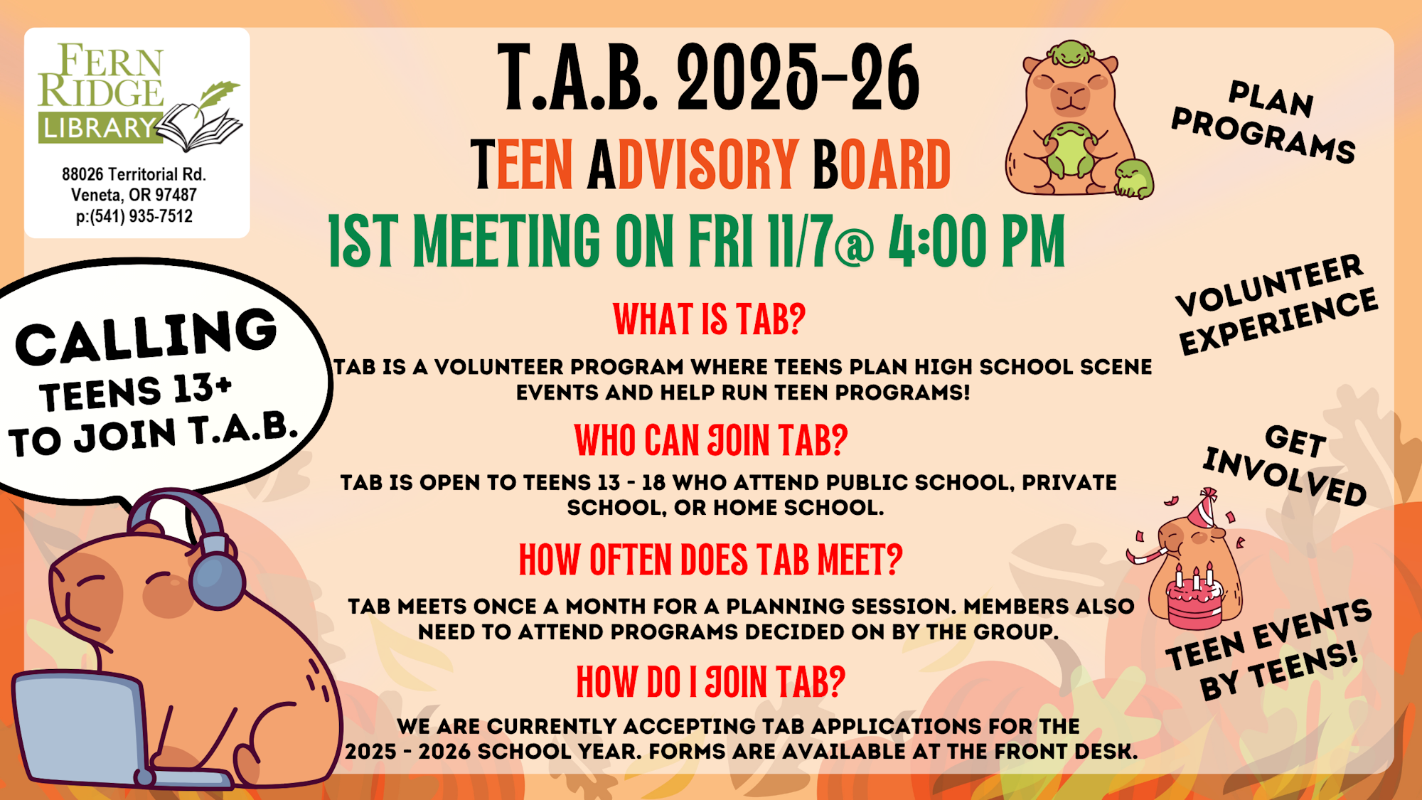 Fern Ridge Library Teen Advisory Board meeting on 11/7 for teens 13+. Plan programs, volunteer, and get involved.