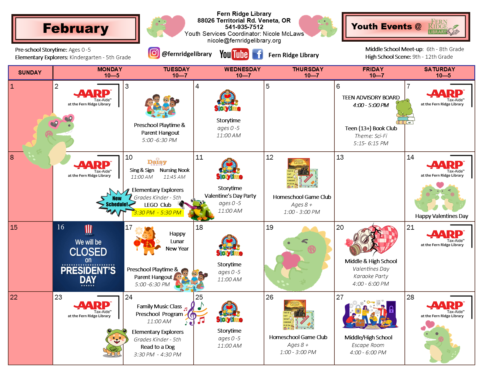 February events at Fern Ridge Library include storytimes, special programs, and AARP tax aid. Check out youth activities and holiday celebrations!