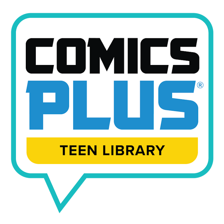 Comics Plus Teen Library logo with a speech bubble design.