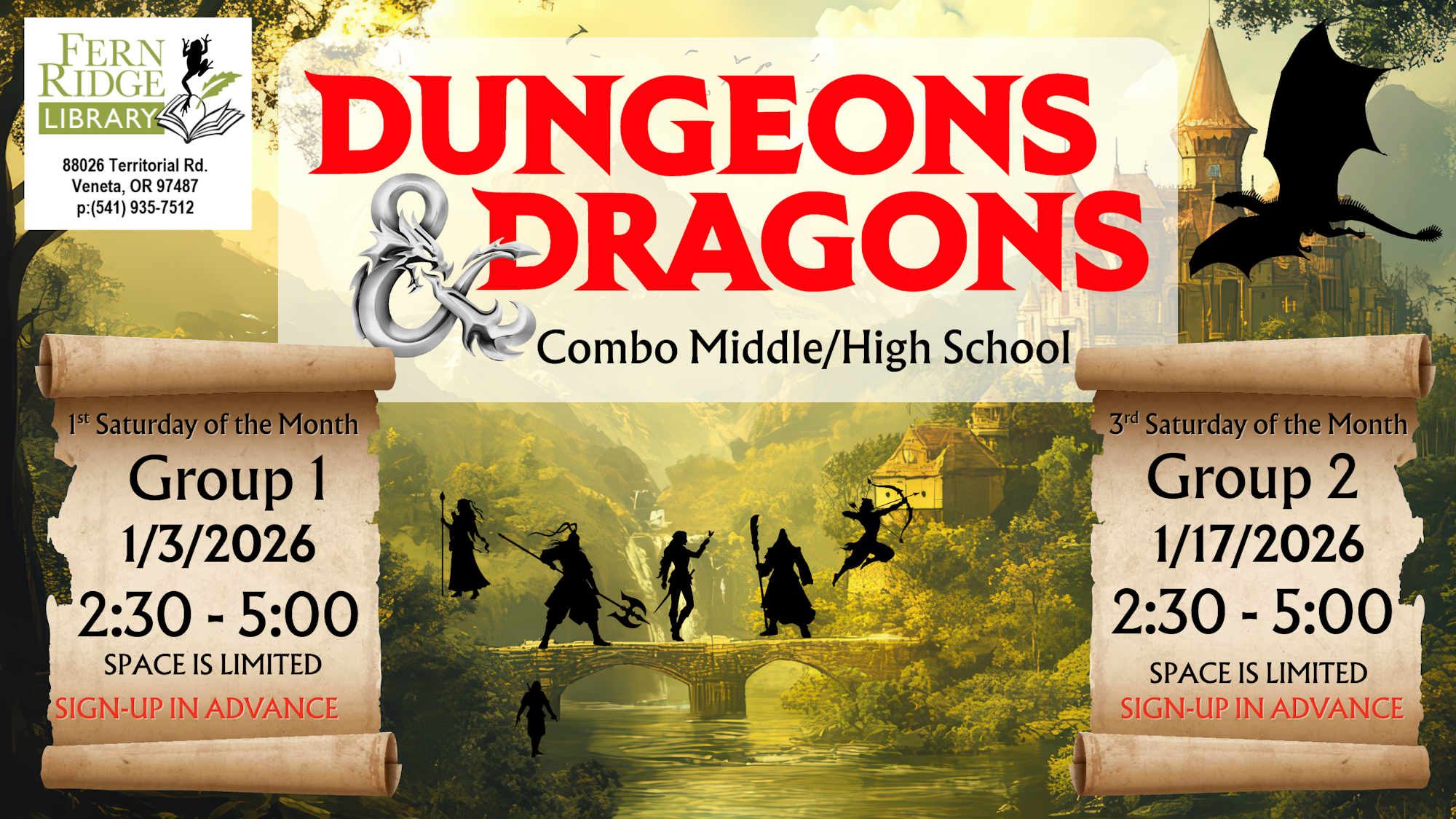 Join the Dungeons & Dragons club at Fern Ridge Library on specified dates! Space is limited, so sign up in advance.