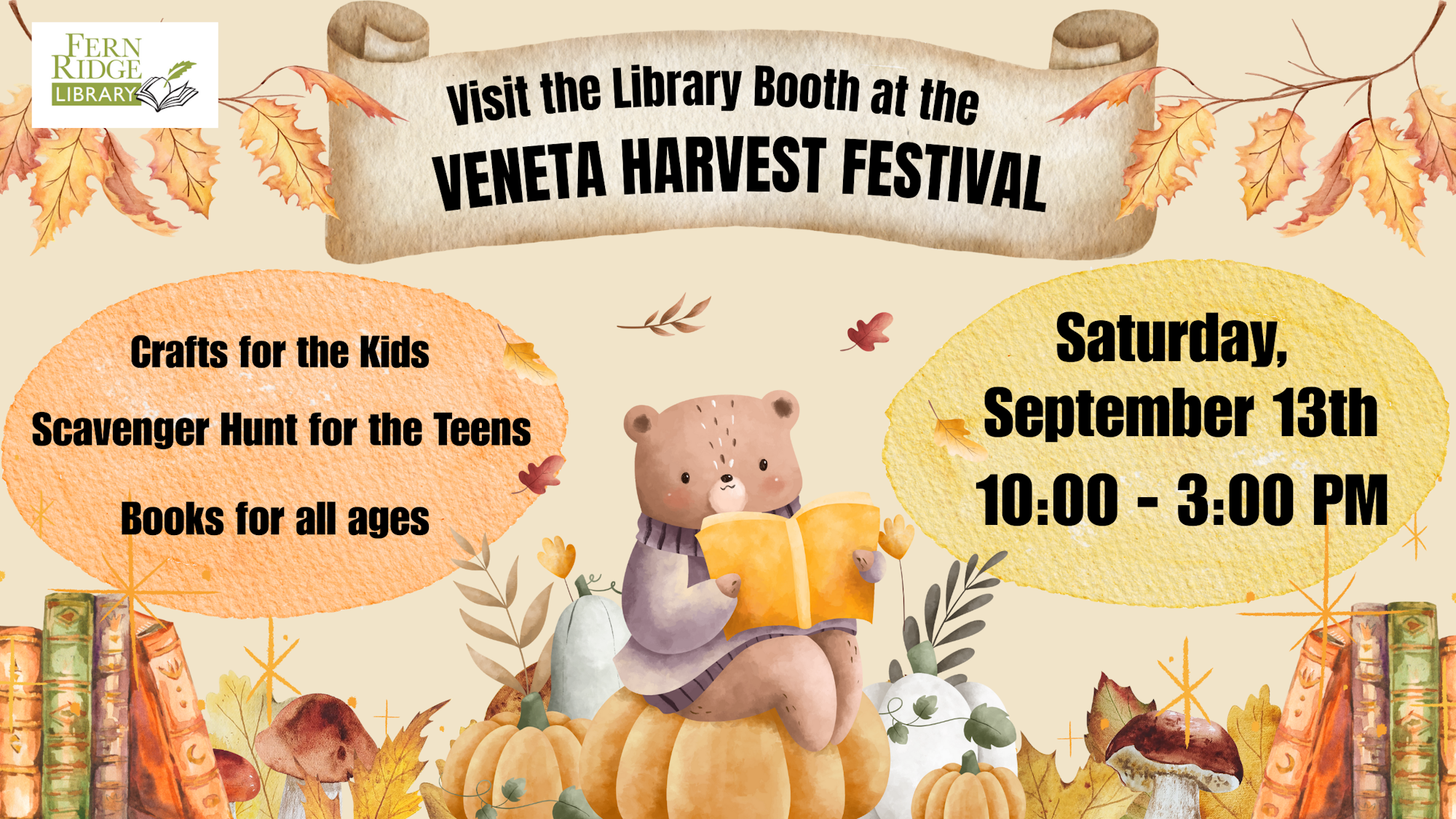 Visit the Library Booth at Veneta Harvest Festival! Crafts, scavenger hunt, and books. Saturday, Sep 13th, 10 AM - 3 PM.