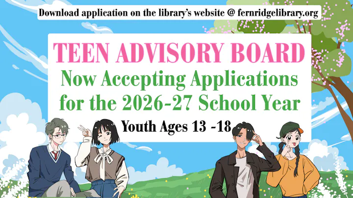 A flyer for a teen advisory board accepting applications for the 2026-27 school year, targeting ages 13-18.