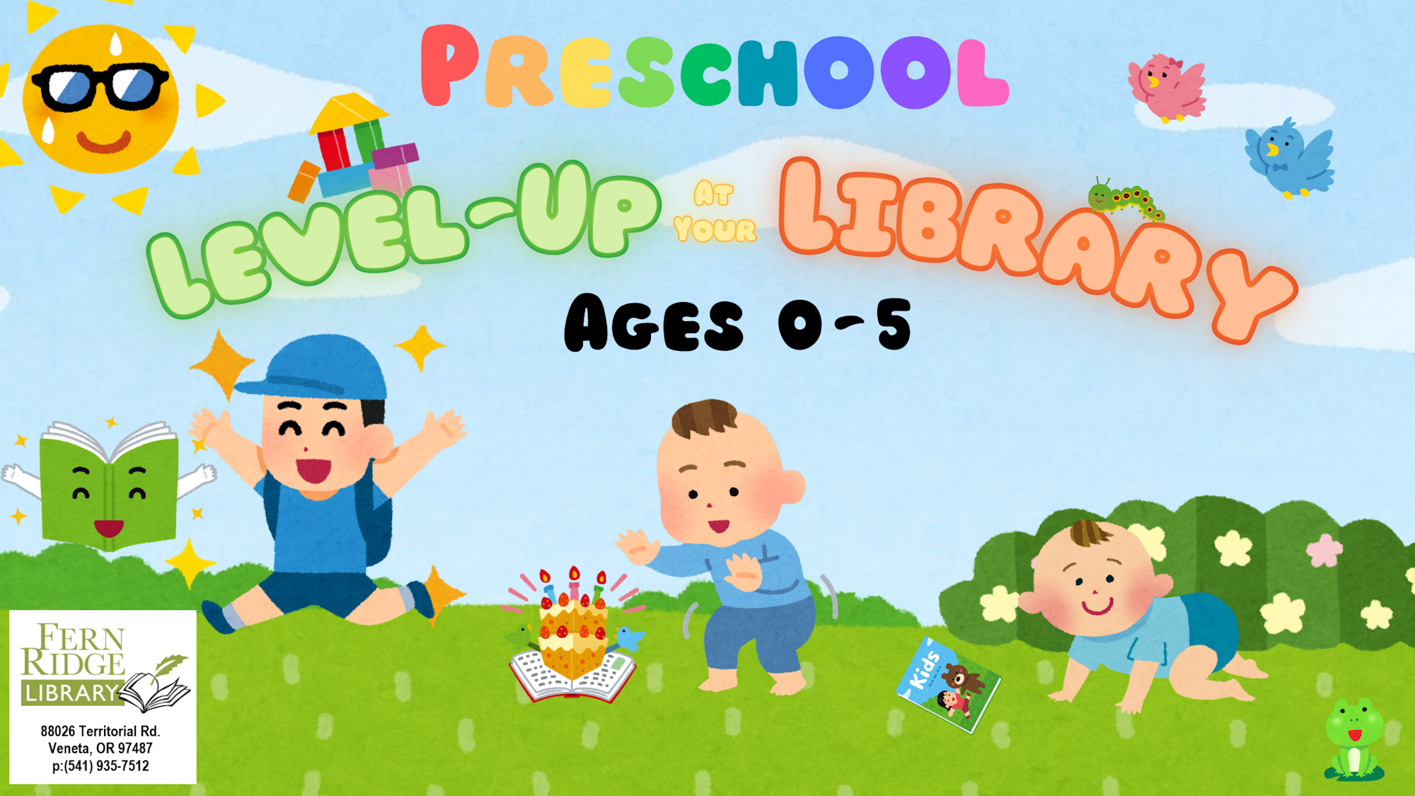 Preschool library event for ages 0-5, featuring playful children, books, and library details.