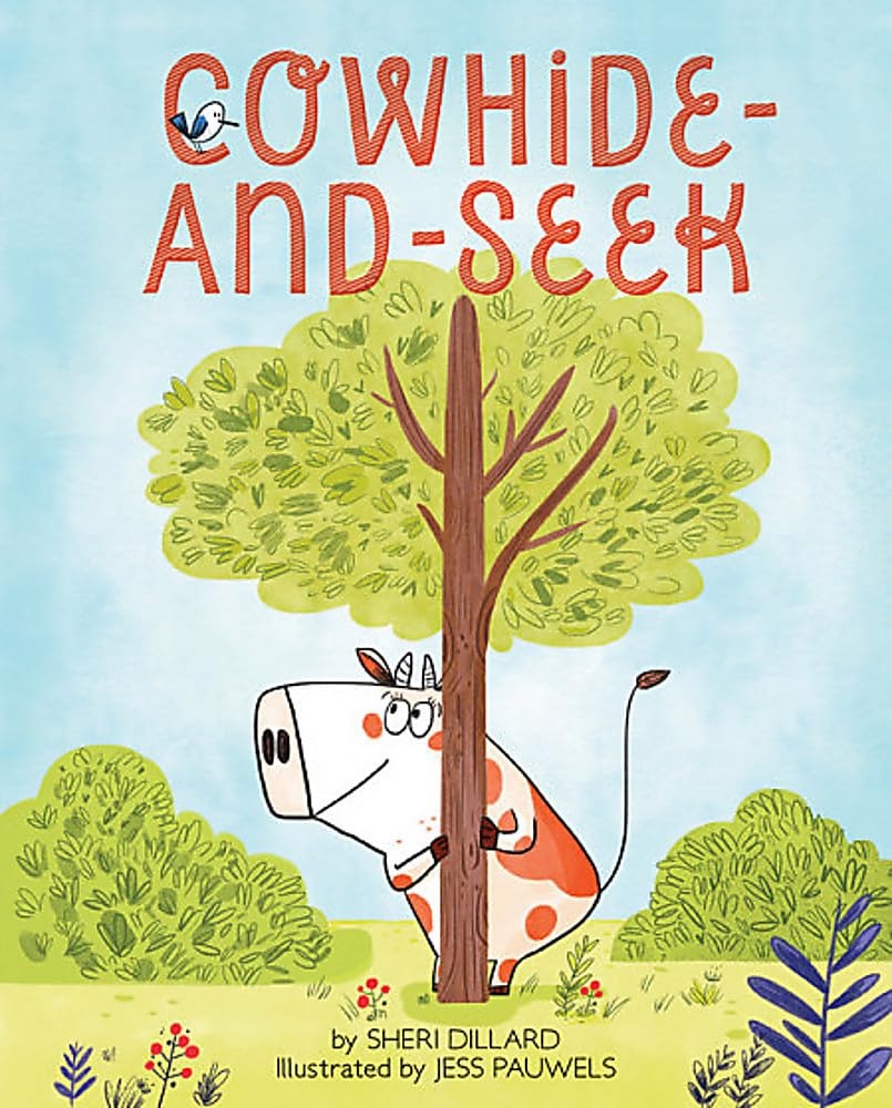 Book cover featuring a cow hiding behind a tree with "Cowhide-and-Seek" written above.