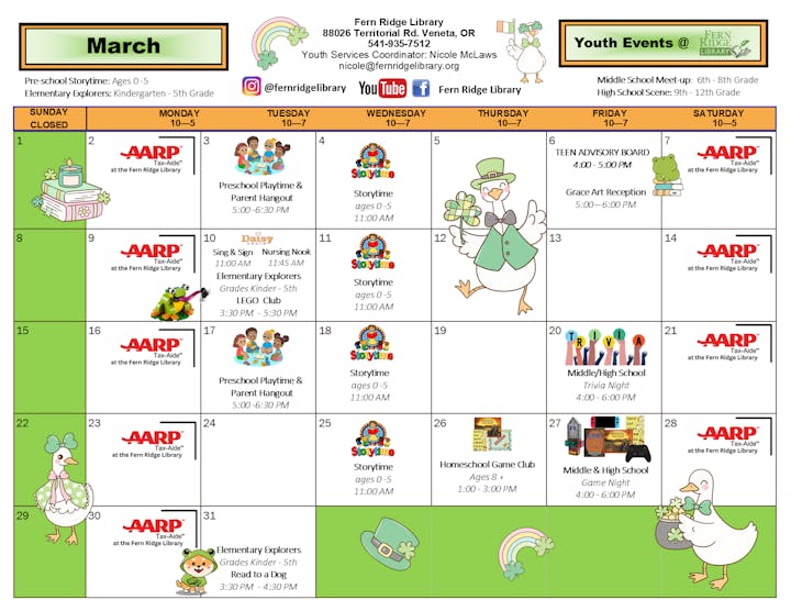 The image is a schedule for youth events at the Fern Ridge Library for March, including storytimes, playdates, and tax assistance sessions.