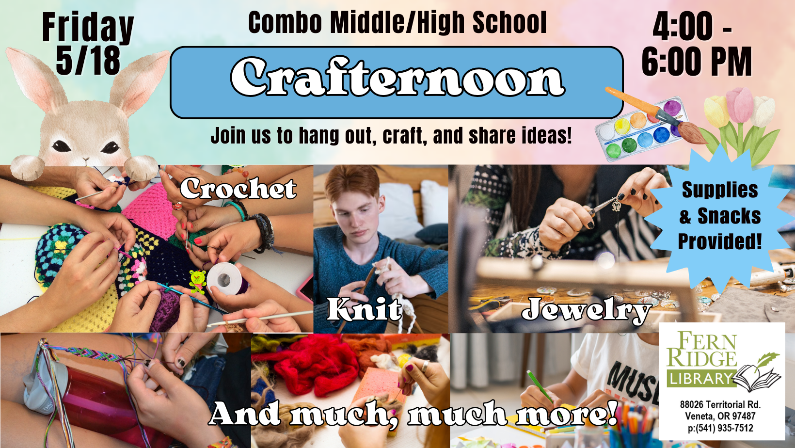 Crafternoon event at Combo Middle/High School on Friday 5/18, 4-6 PM. Activities: Crochet, Knit, Jewelry, more! Supplies/snacks provided.