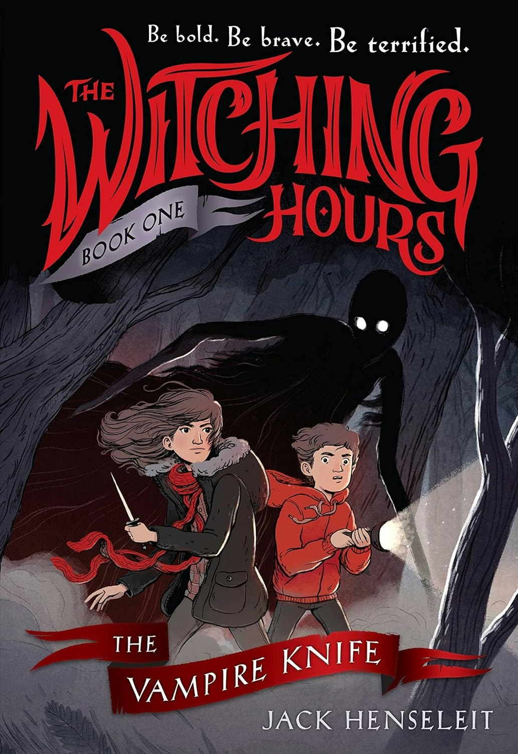 Book cover: "The Witching Hours - The Vampire Knife" by Jack Henseleit, featuring two kids and a shadowy figure in a forest.