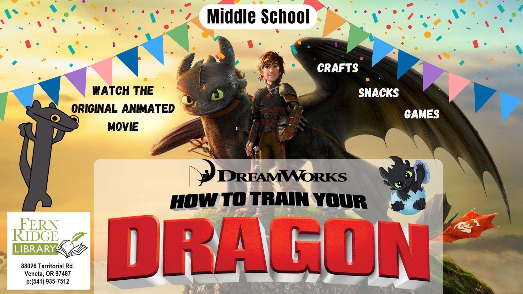 "How to Train Your Dragon" event at Fern Ridge Library with crafts, snacks, games.