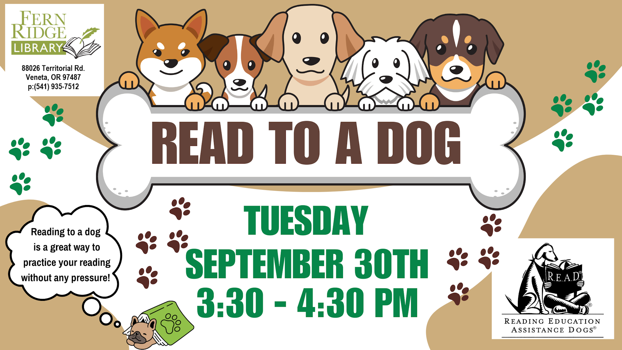"Read to a Dog" event at Fern Ridge Library, Sept 30th, 3:30-4:30 PM, featuring cute dog illustrations.