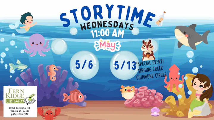 A fun underwater-themed storytime at Fern Ridge Library on Wednesdays at 11 AM in May, with special events on 5/6 and 5/13.