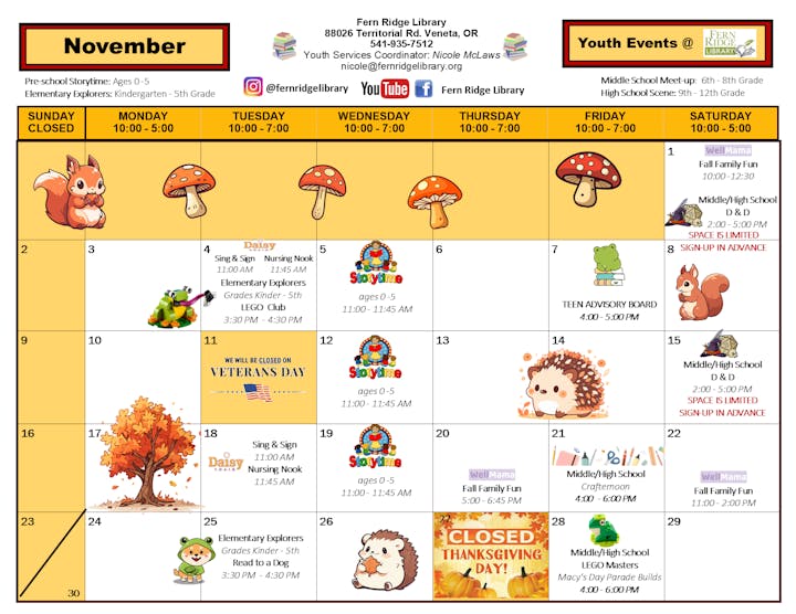 November events calendar at Fern Ridge Library with activities for different age groups, including storytime, clubs, and holiday closures.