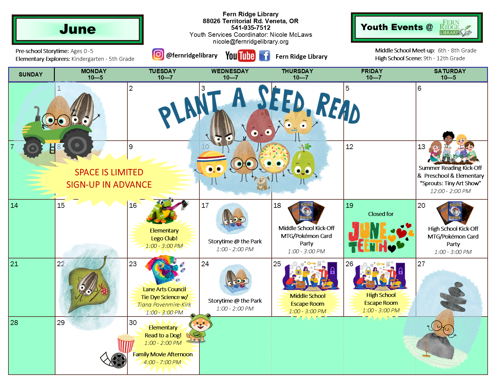 June events at Fern Ridge Library include storytimes, Lego club, summer reading kick-off, and middle/high school activities.