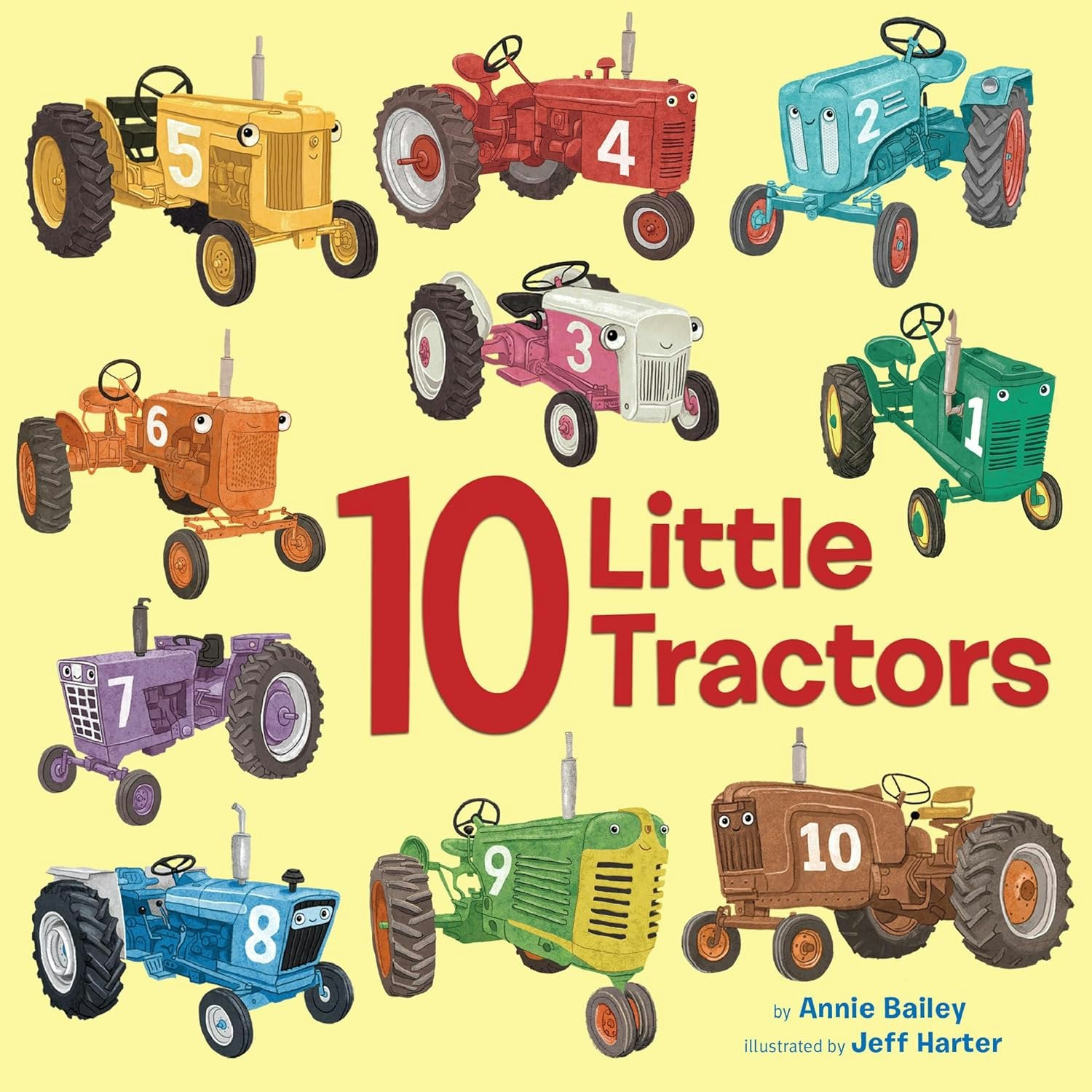 Cover of "10 Little Tractors" with illustrated tractors numbered 1 to 10.
