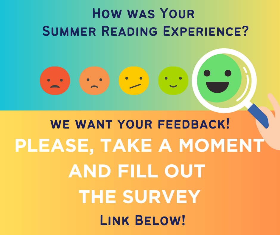 Survey request for summer reading feedback with a range of smiley faces from sad to happy.