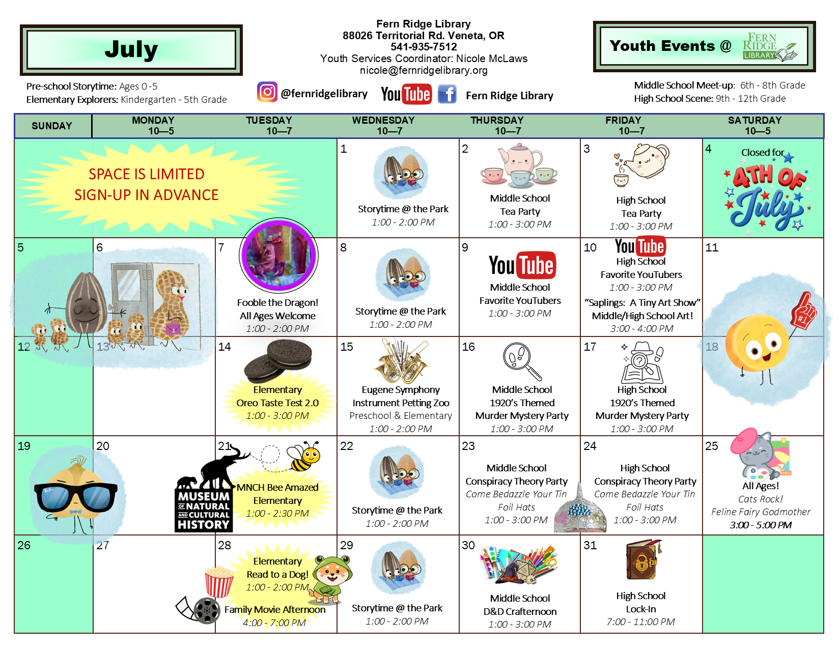 The image is a calendar for youth events at Fern Ridge Library in July, featuring story times, themed parties, and activities for various age groups.