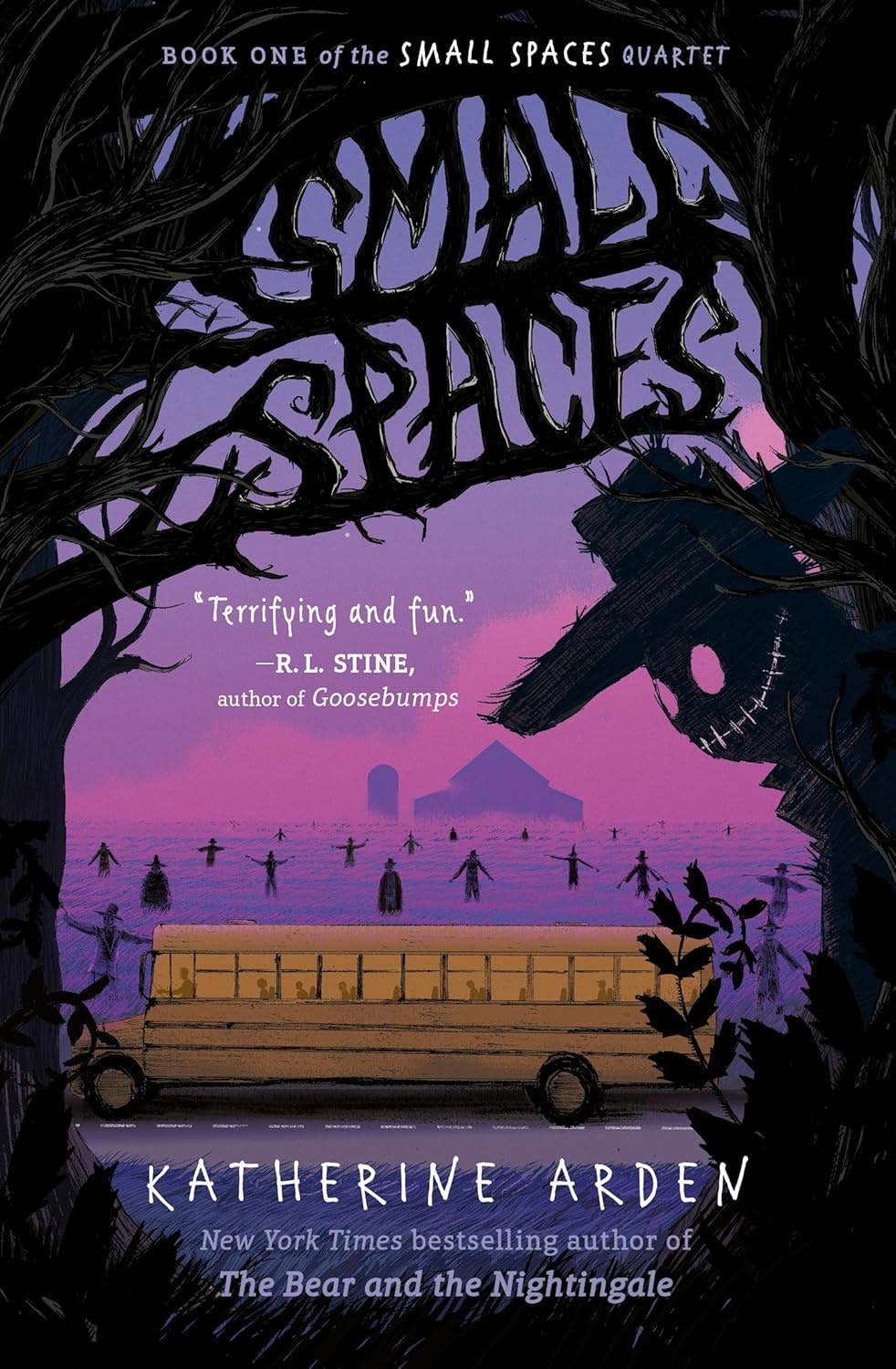 Book cover of "Small Spaces" by Katherine Arden; features a school bus, scarecrows, and eerie trees.